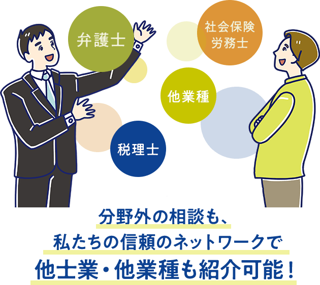 分野外の相談も、私たちの信頼のネットワークで他士業・他業種も紹介可能！